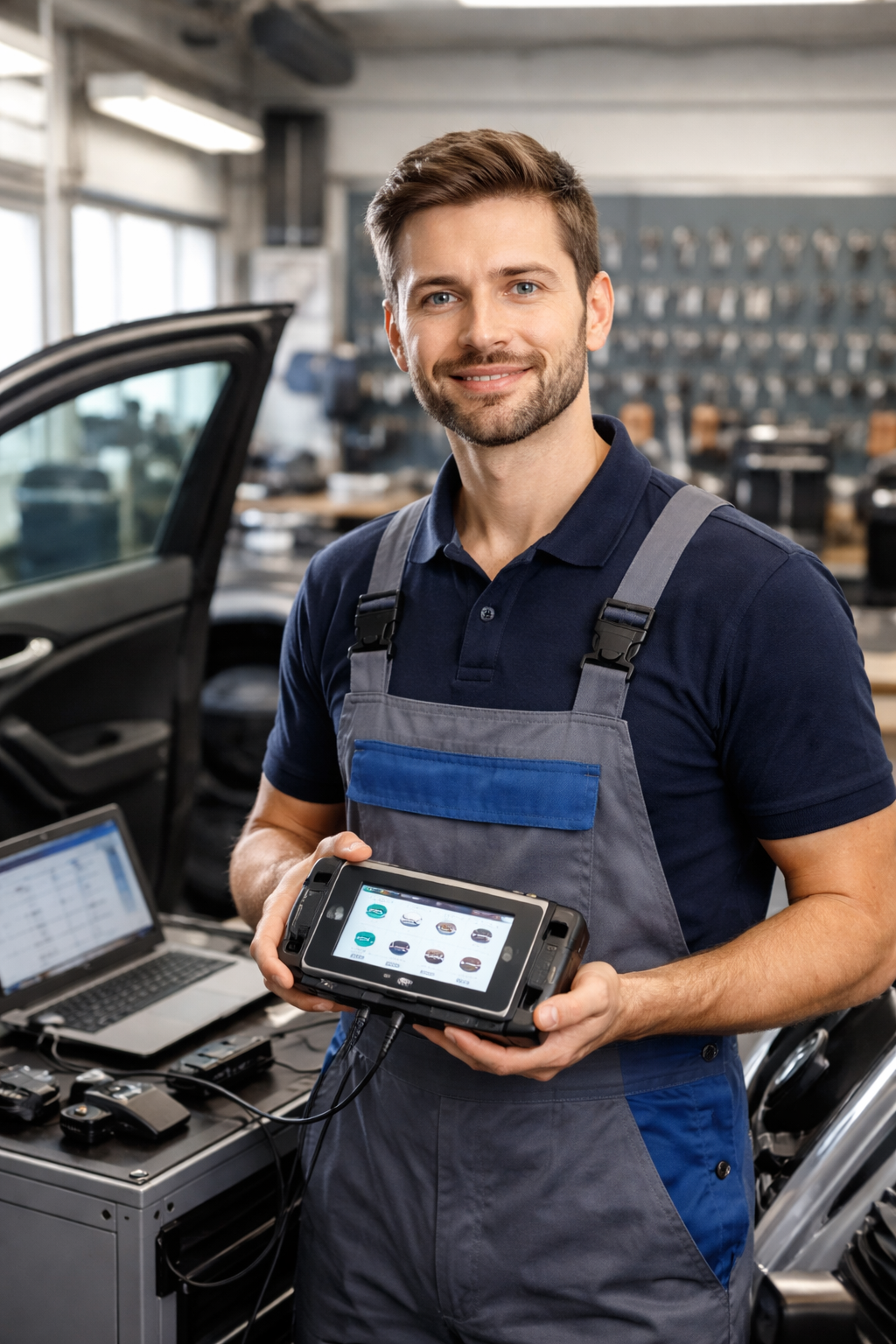 Automotive locksmith technician with diagnostic device